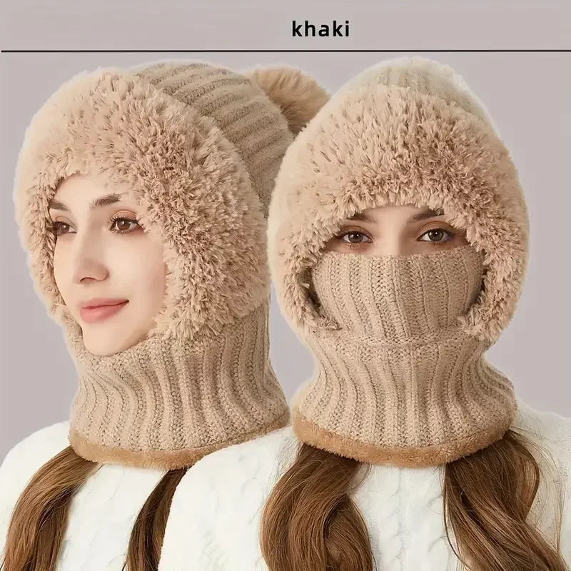 Thermal Fleece Knit Beanie Ear Covers All-in-one Windproof Hood Neck