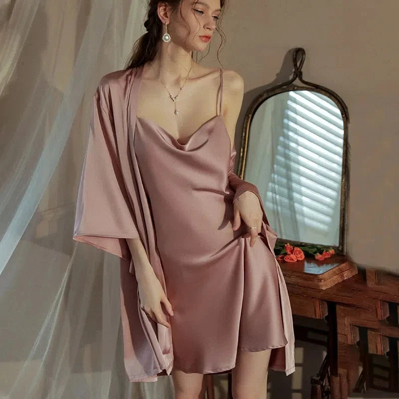 Satin Robe & Nightdress Set – 2-Piece Faux Silk Kimono Sleepwear