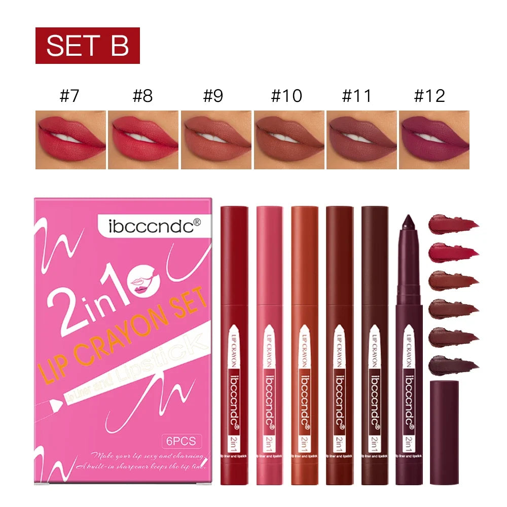 ibcccndc 6-Color Matte Lip Liner & Lipstick Set | Built-In Sharpener