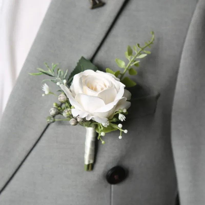 Boutonnieres Flowers Artificial White Roses Silk Ivory Corsage
