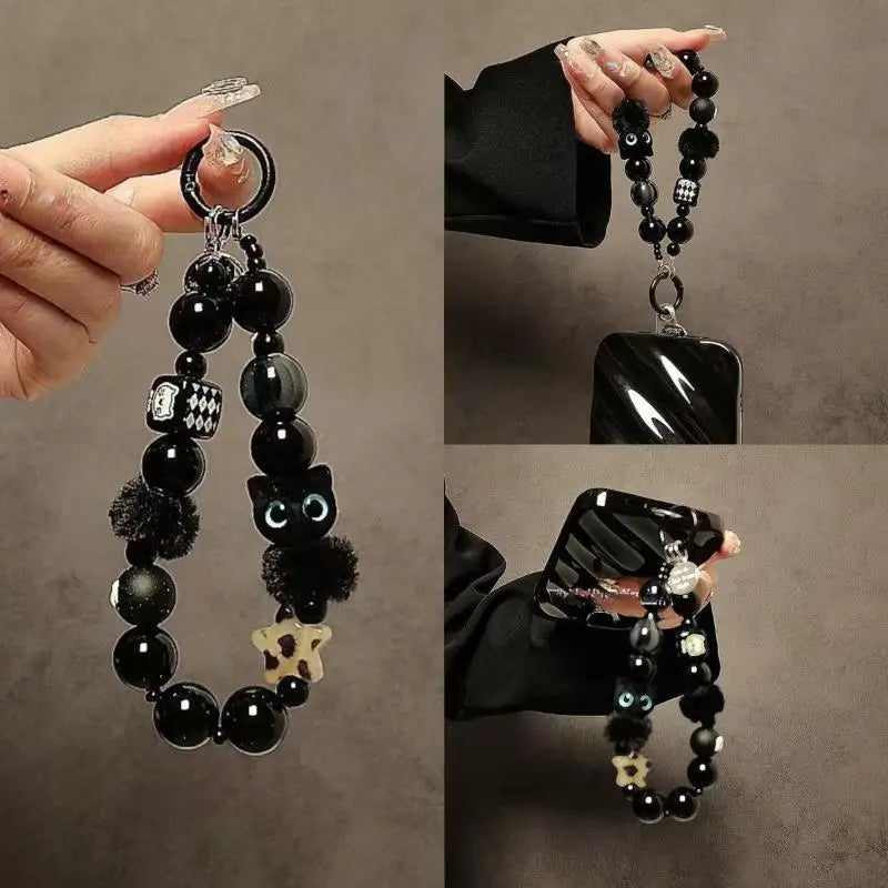 Luxury Black Fluffy Cat Phone Wrist Strap & Beaded Chain