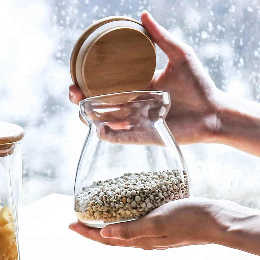 KEMORELA Glass Airtight Canister with Wood Lid | Kitchen Storage