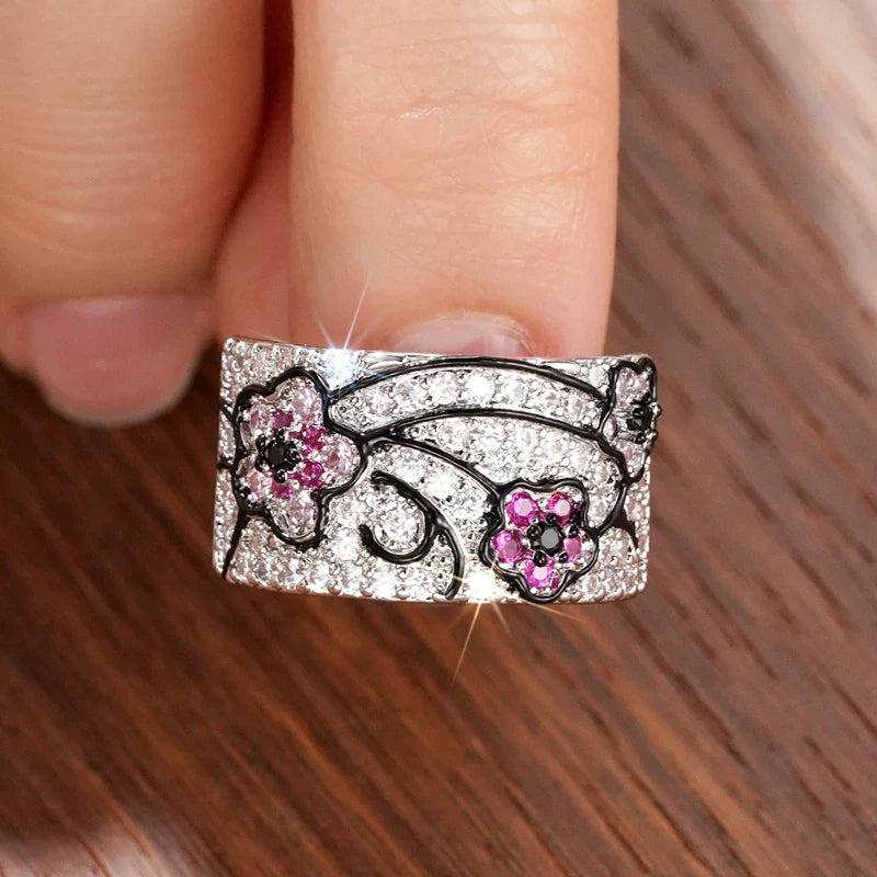 Huitan Flower CZ Pave Ring – Women's Wedding Band | Sizes 5–14