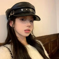 Vintage Rivet Beret – Y2K Gothic Faux Leather Flat Cap Women
