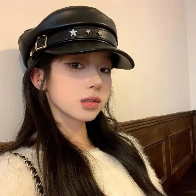 Vintage Rivet Beret – Y2K Gothic Faux Leather Flat Cap Women