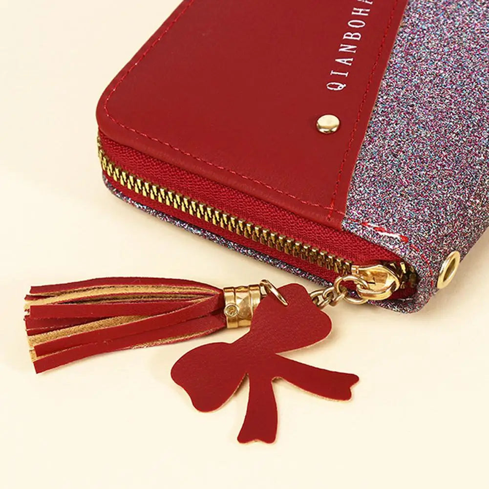 Women's Glitter PU Leather Wallet – Tassel Zipper Clutch Purse