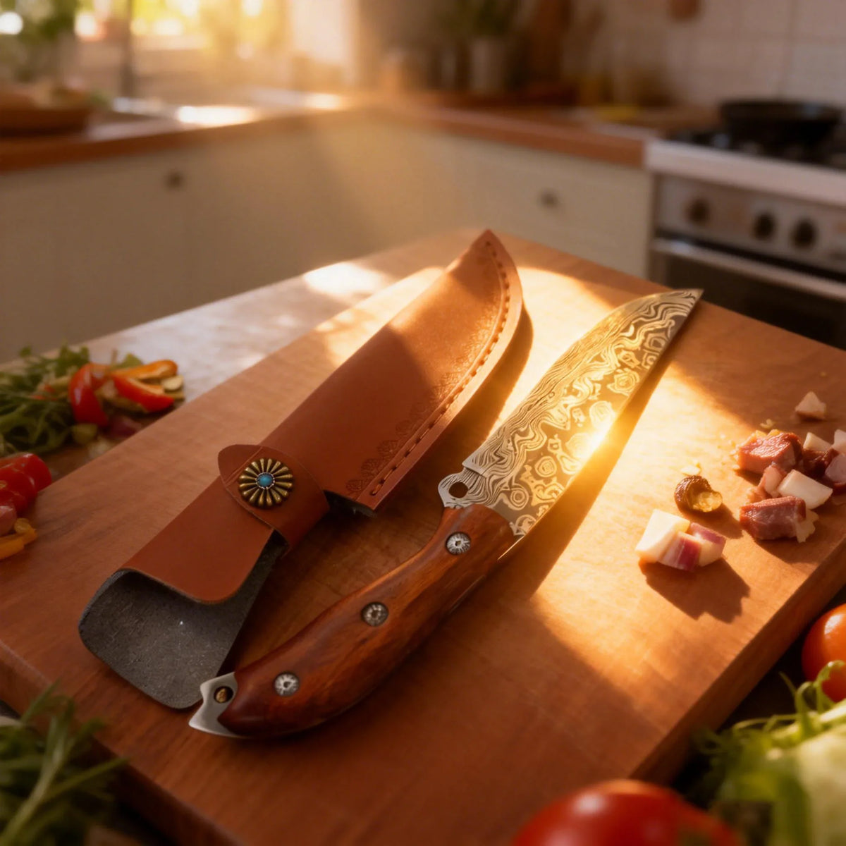 Damascus Steel Kitchen Knife 11.5" with Cover | Sharp Blade