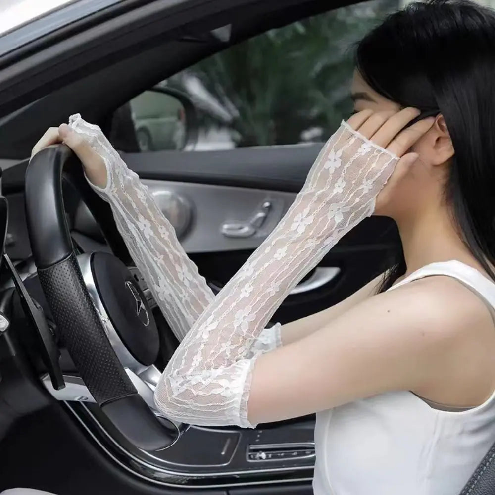 UV Protection Lace Arm Sleeves – Fingerless Long Gloves Women