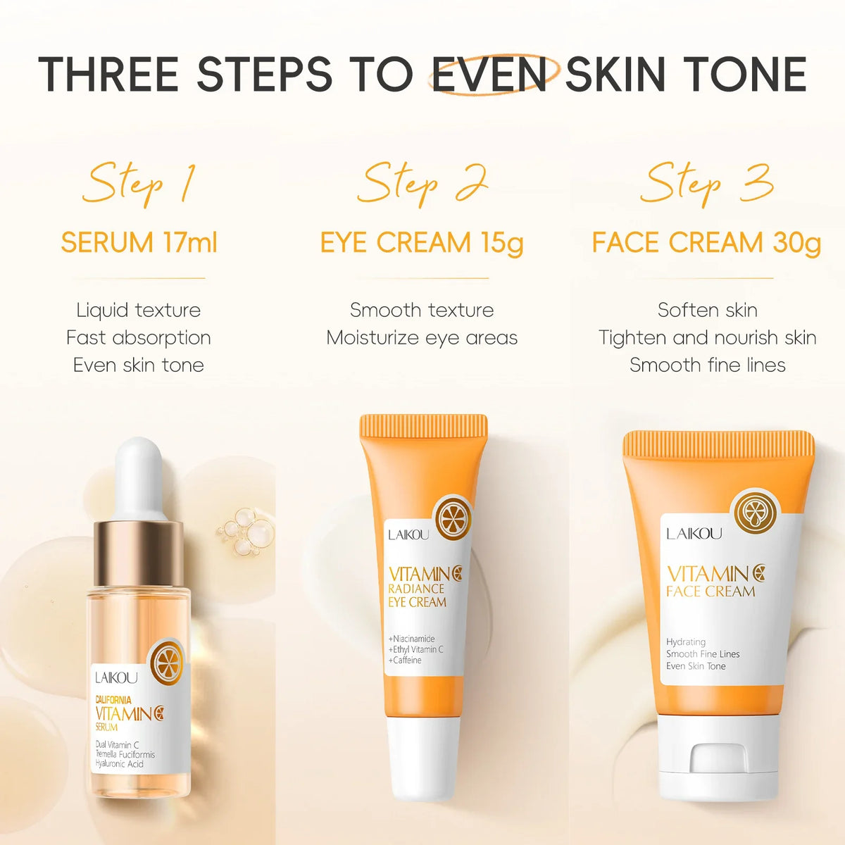 LAIKOU Vitamin C Sakura 3-Piece Skincare Set – Serum, Eye & Face Cream