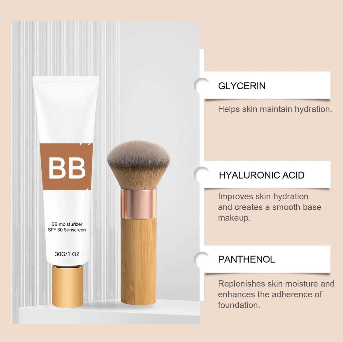 SPF 30 BB Cream Tinted Moisturizer with Hyaluronic Acid & Brush