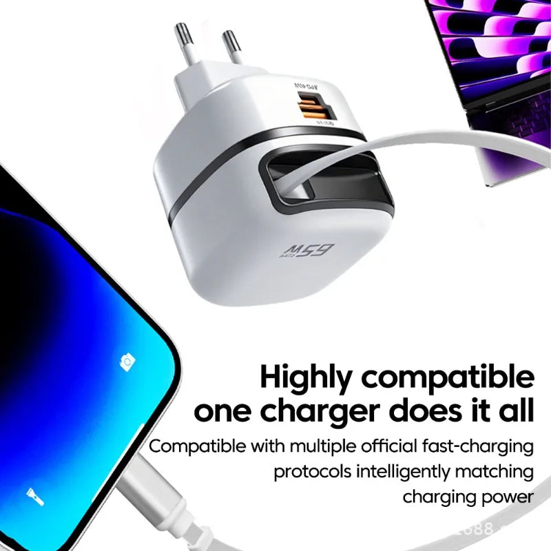 65W Foldable Wall Charger with Retractable Cable | Travel Adapter