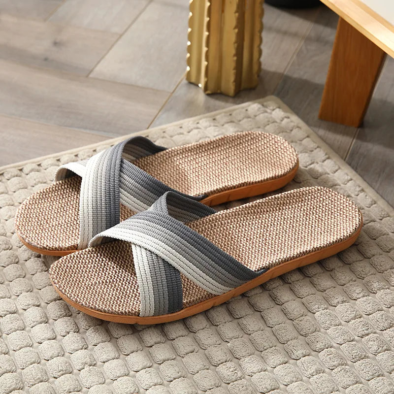 Men's Linen Open Toe Slippers | Indoor & Beach Flat Sandals