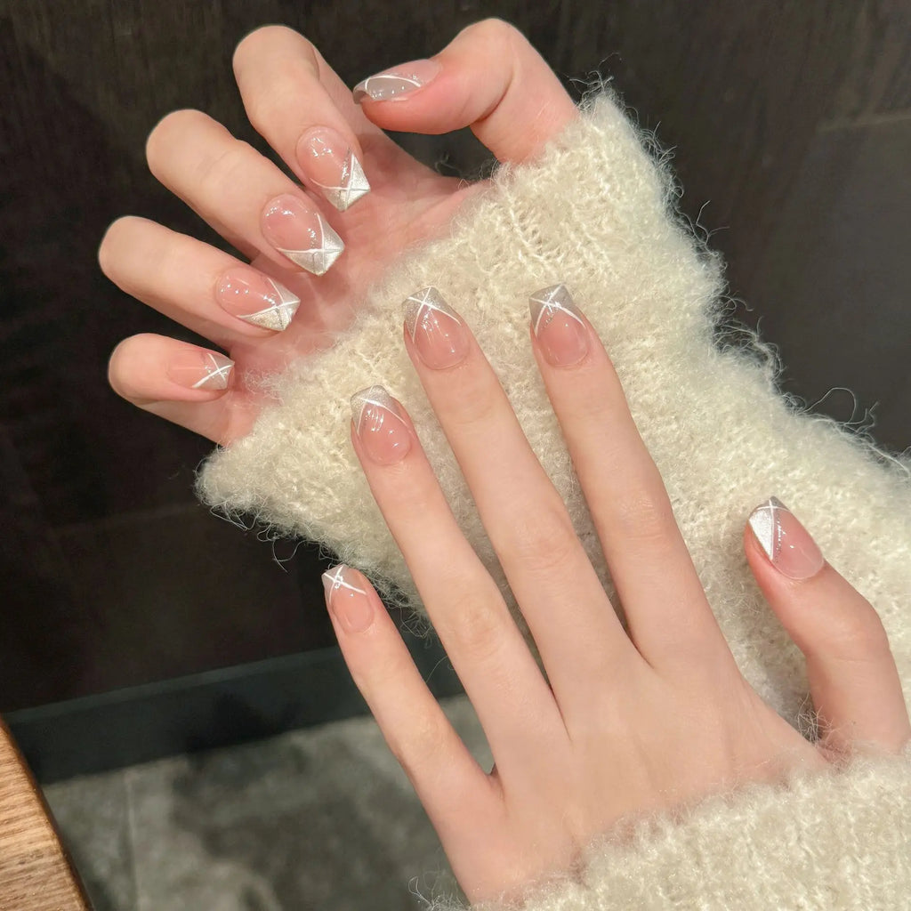 Short French Cat Eye Press On Nails | Korean Shiny Tips