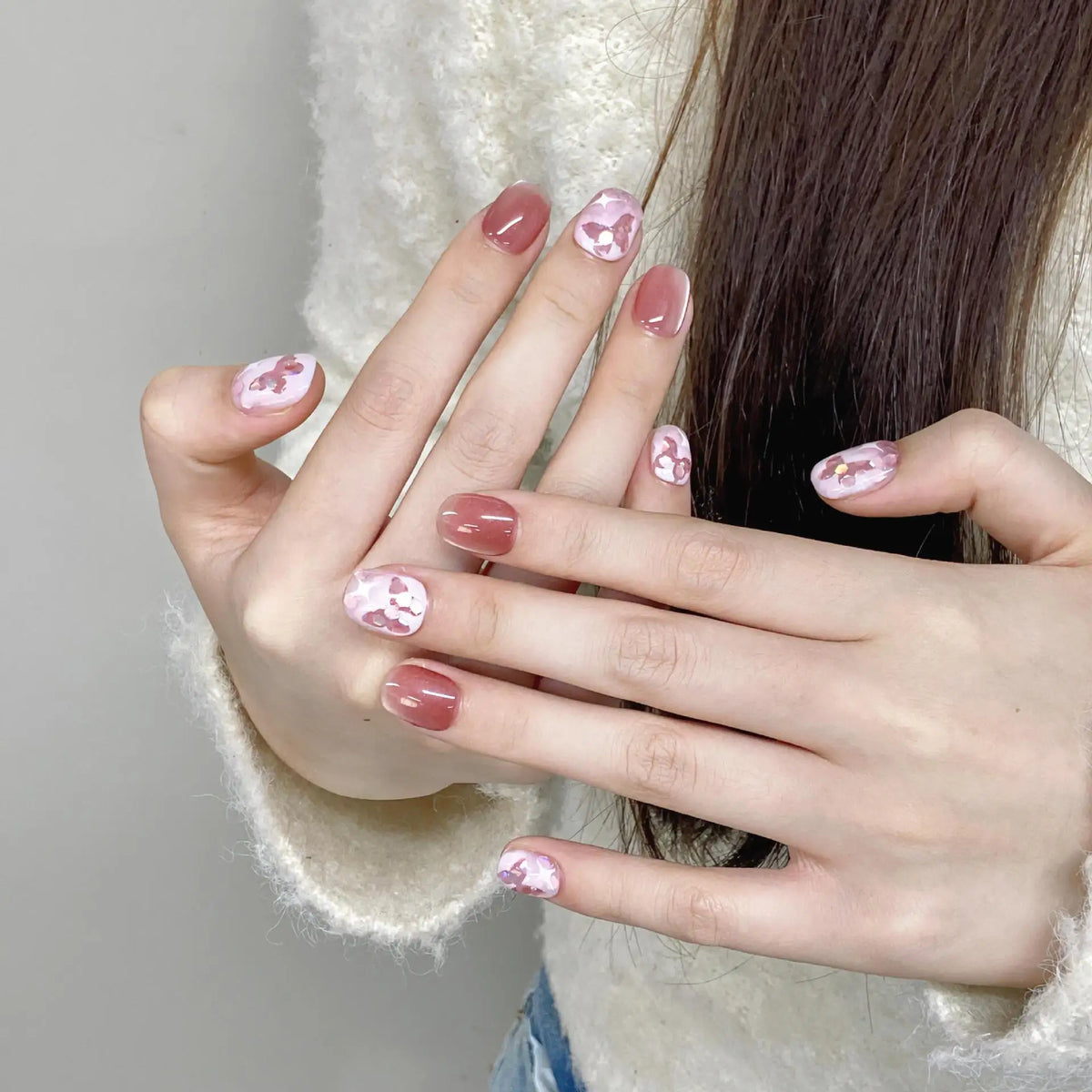 Korean Short Press On Nails – Pink Bow Diamond False Nails