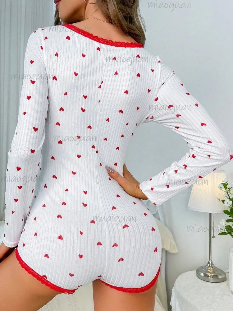 Women's One-Piece V-Neck Love Print Loungewear Jumpsuit