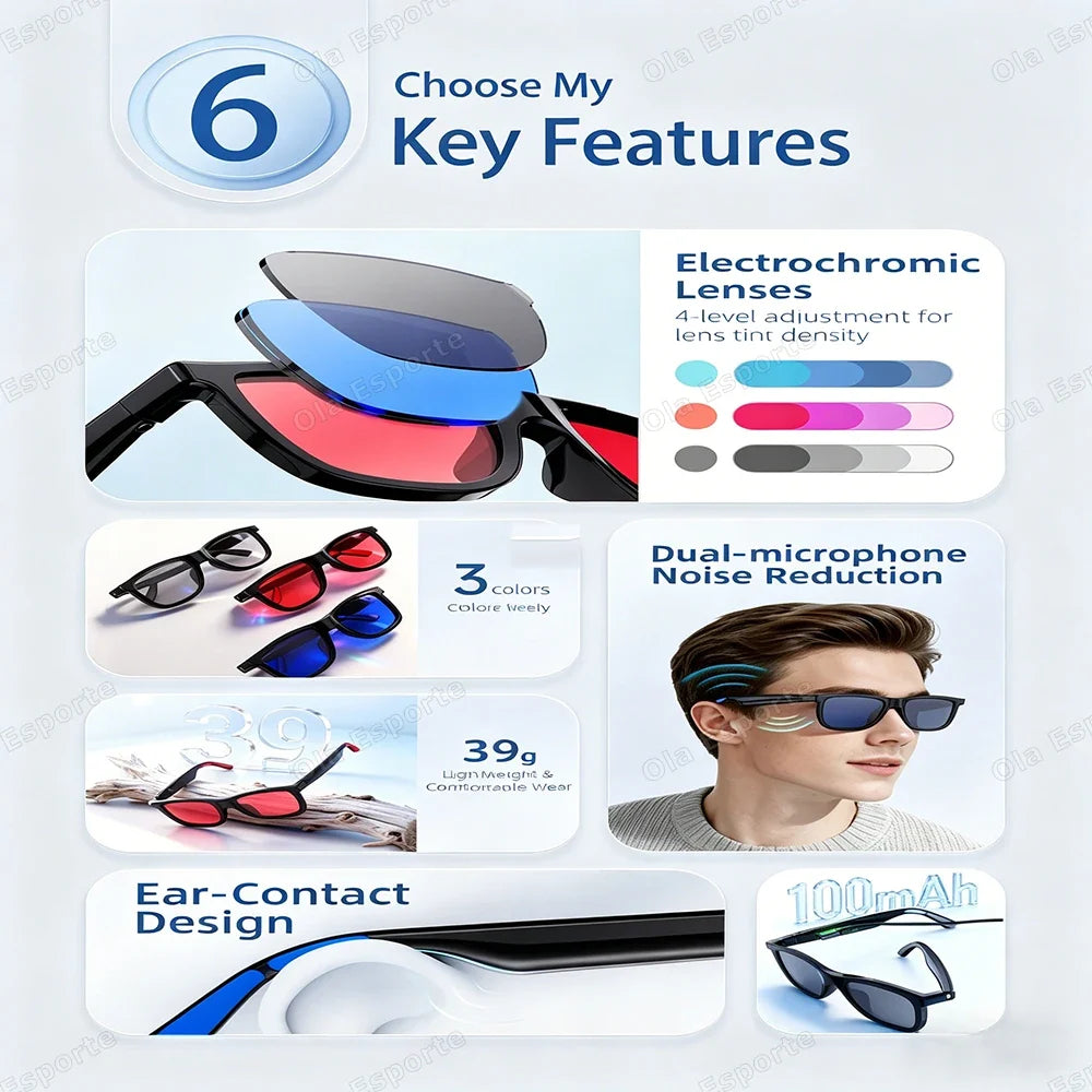 Smart Bluetooth Sunglasses | Electrochromic Lens & AI Audio