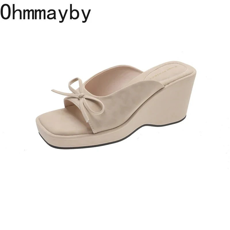 Women's Chunky Heel Slides – Butterfly-Knot Platform Slippers