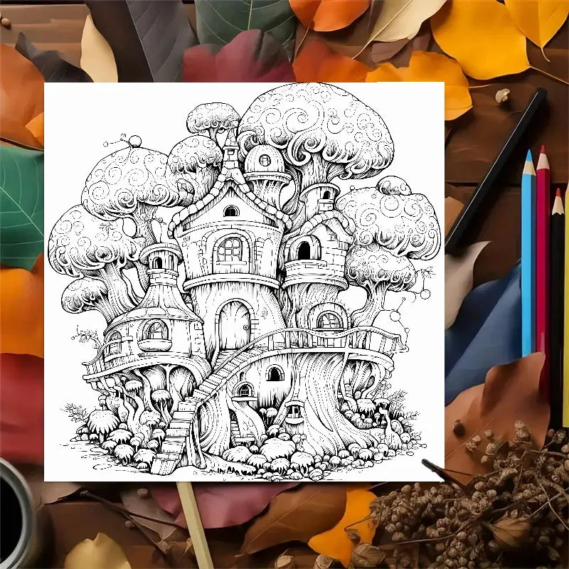 Fantasy Tree House Adult Coloring Book Relaxing Art Sketchbook