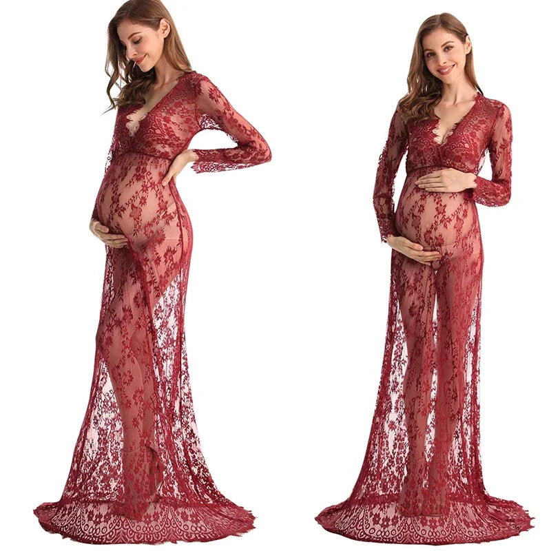 Lace See-Through Maternity Maxi Dress | Photo Shoot Gown