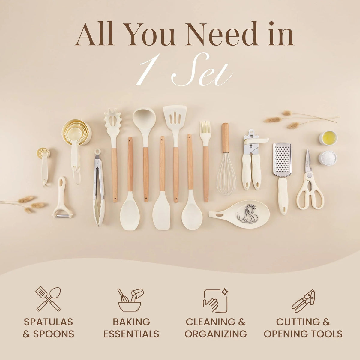 Silicone Kitchen Utensil Set – Wooden Handle Cooking Tools