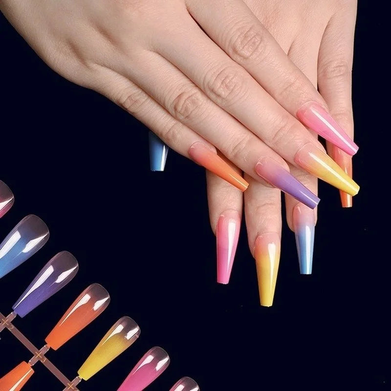 24-Piece Rainbow Coffin Ballerina False Nails – Full Cover Tips