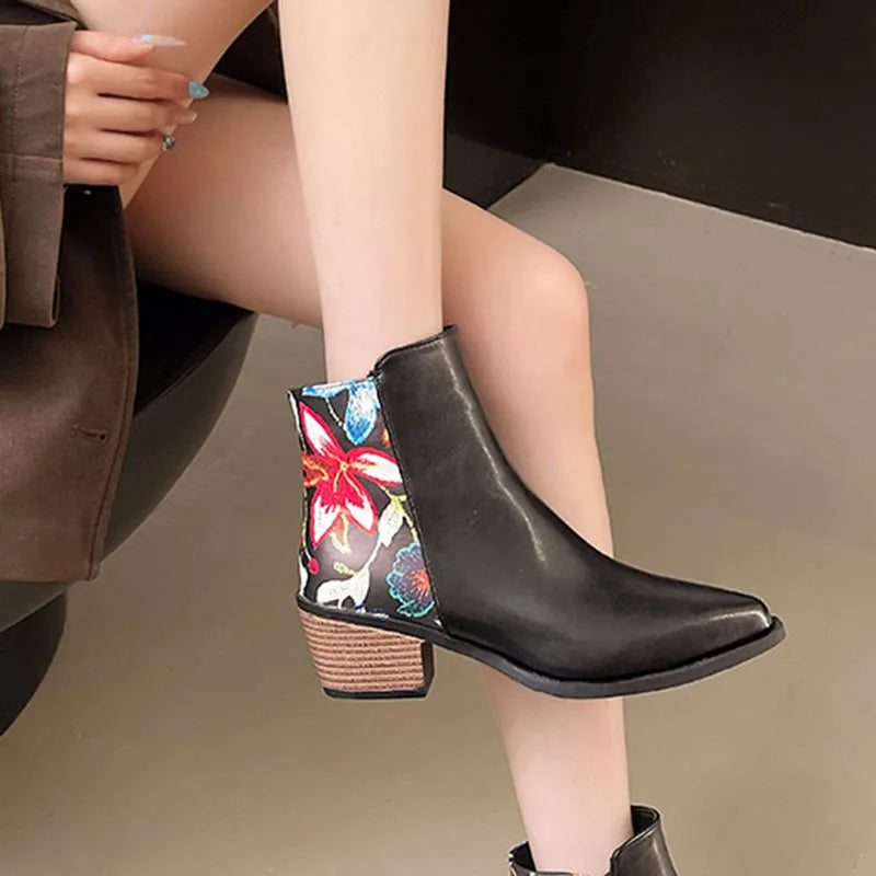 Women's Colorblock Floral Chunky Heel Ankle Boots | Side Zip