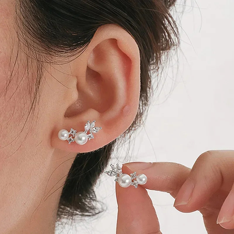 Huitan Pearl & CZ Dainty Stud Earrings – Women's Wedding Jewelry