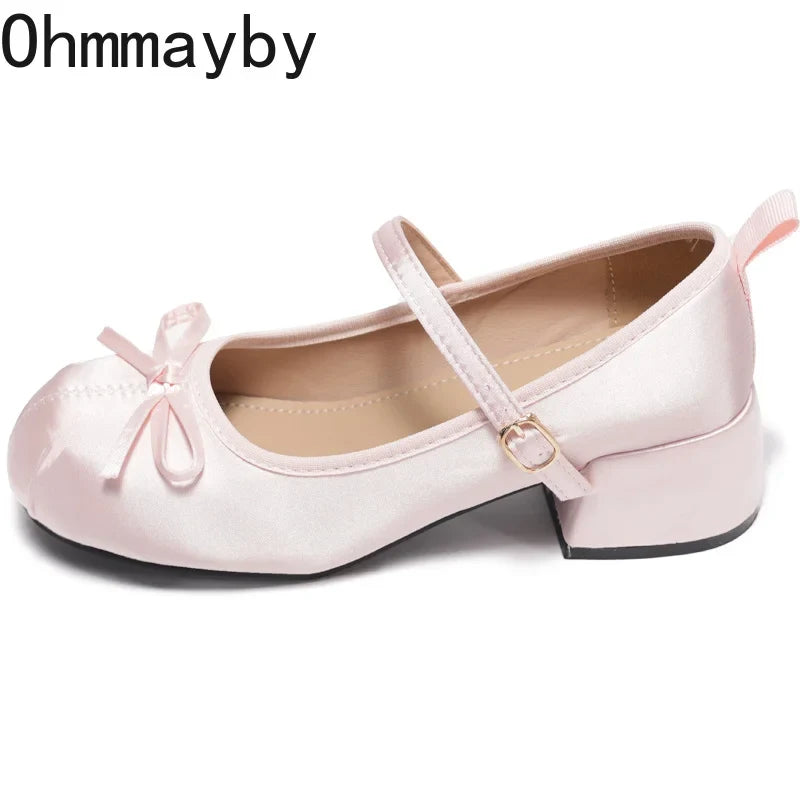 Women's Satin Butterfly-Knot Mary Jane Block Heel Pumps