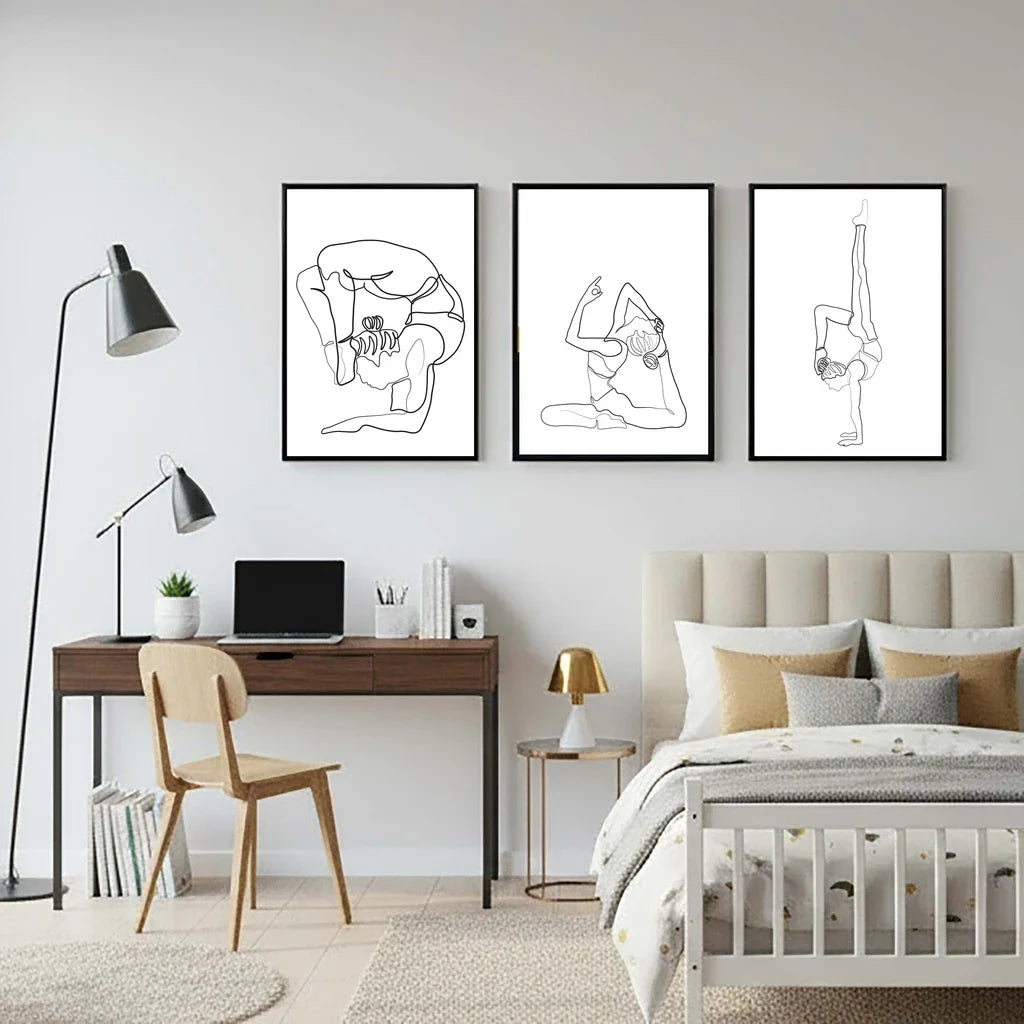 Black & White Yoga Woman Canvas Wall Art | Nordic Minimalist