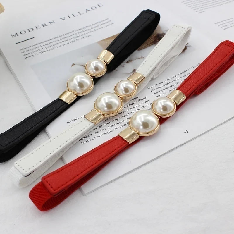 Elegant Double Pearls Buckle Elastic Women Belts Thin Straps Lady