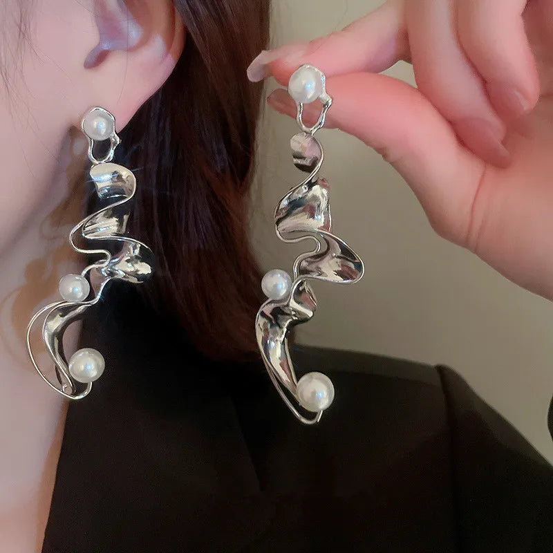 Huitan Silver Irregular Drop Earrings with Imitation Pearl