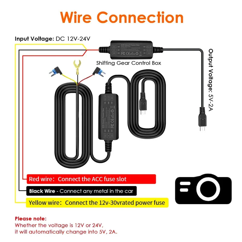 24H Parking Mode Hardwire Kit – Mini USB & Type-C Dash Cam