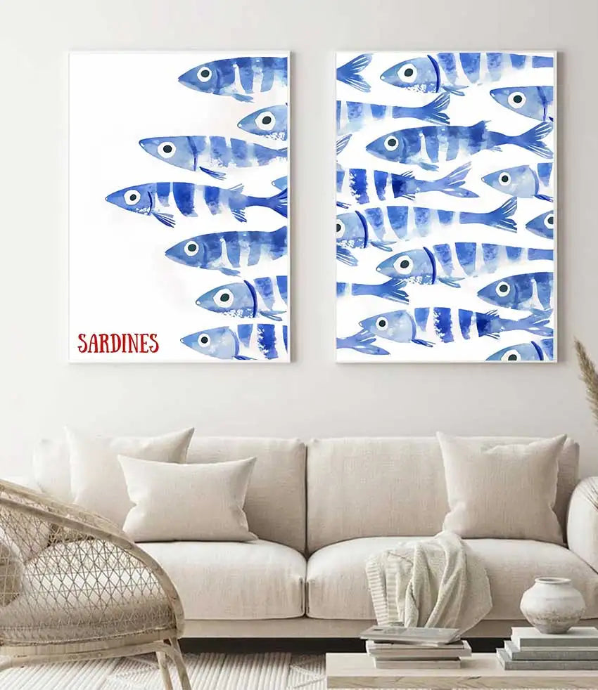 Blue Sardines Fish Canvas Print Set | Japanese Cute Wall Art