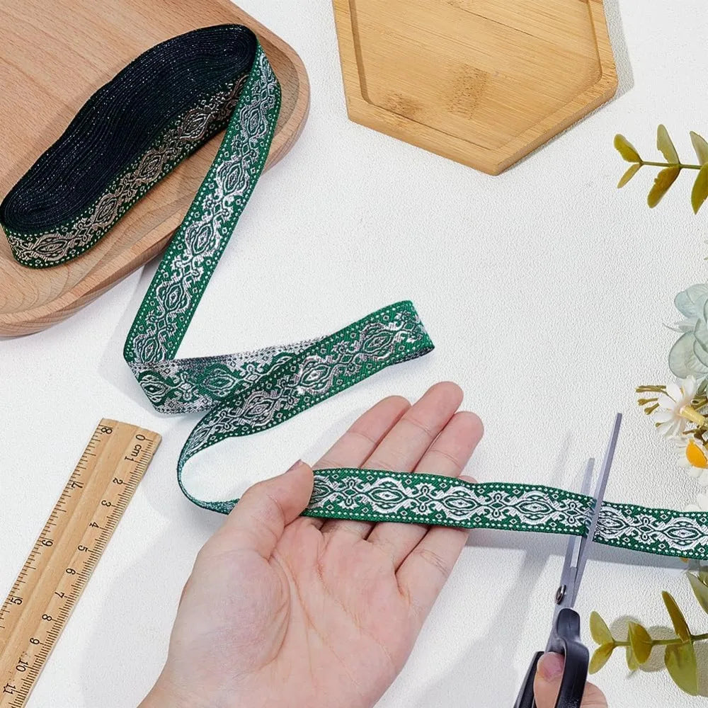 Green Ethnic Jacquard Ribbon 20mm Polyester Floral Trim 7.7 Yds
