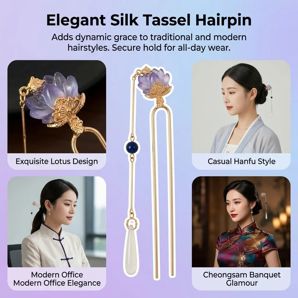 Purple Lotus Tassel Hairpin | Hanfu Cheongsam Hair Accessory