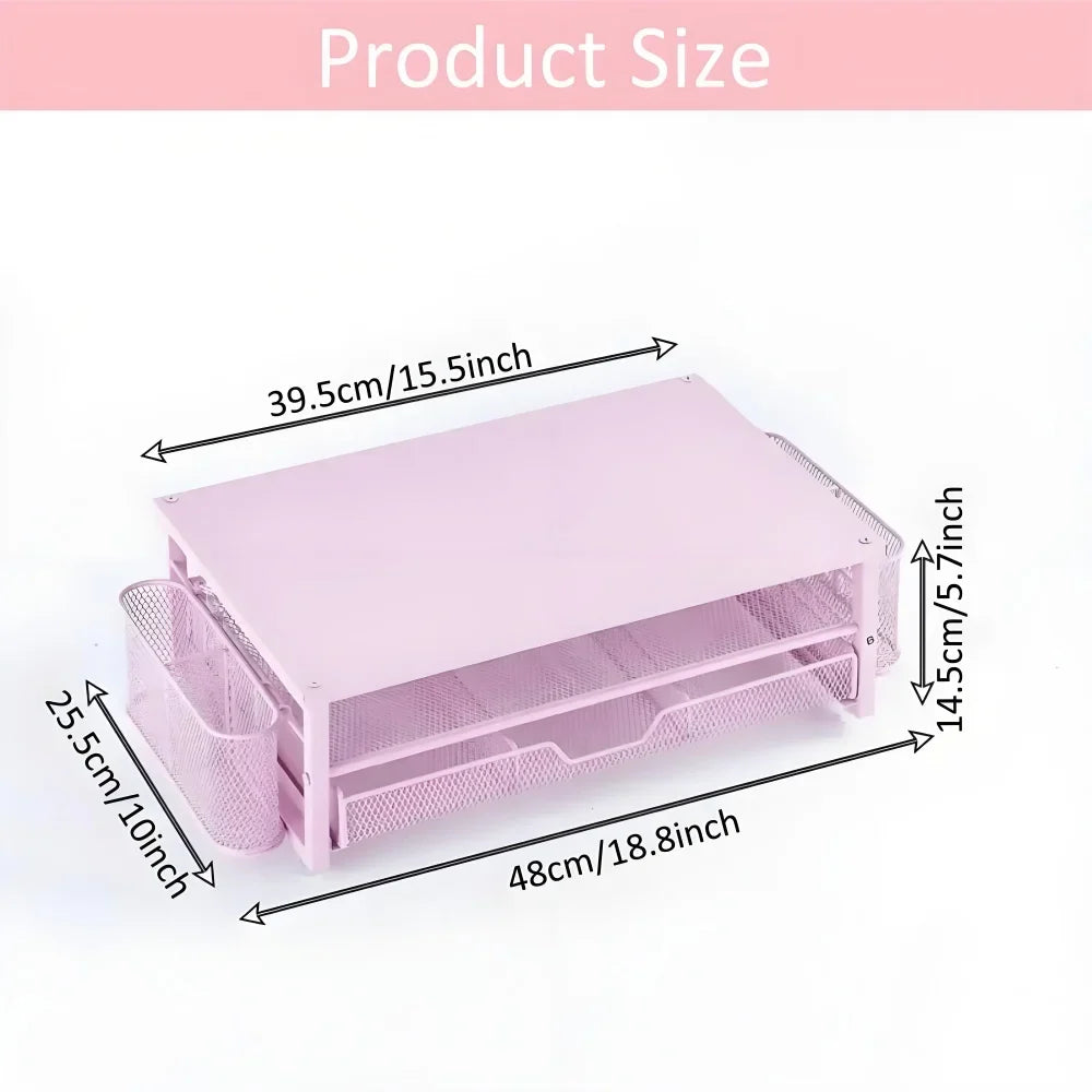 2-Tier Metal Monitor Stand Desk Organizer – Drawer & Pen Holder