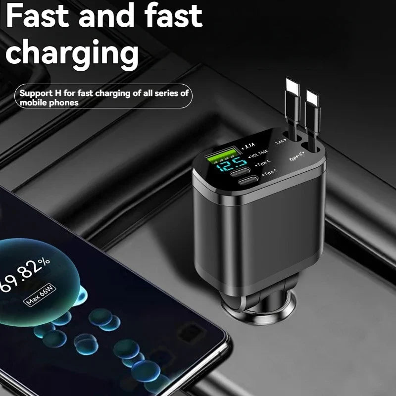5-in-1 Retractable Car Charger USB-C PD Fast Charging Adapter
