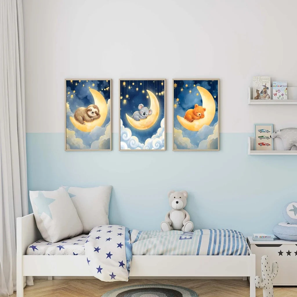 Nordic Animal Moon Canvas Print – Baby Nursery Wall Art Poster