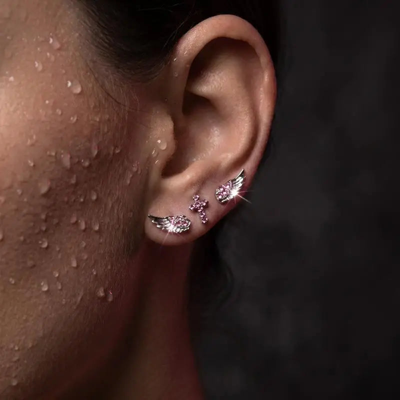 Vintage Punk Pink Zircon Wing Cross Earrings Set 3/4 Pcs
