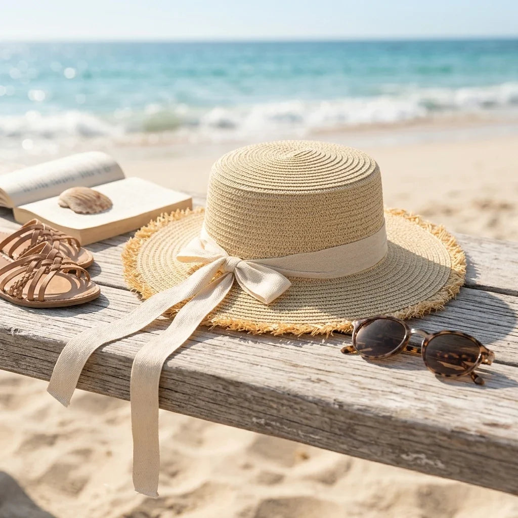 Women's Wide Brim Raffia Straw Sun Hat with Bow | Beach Hat