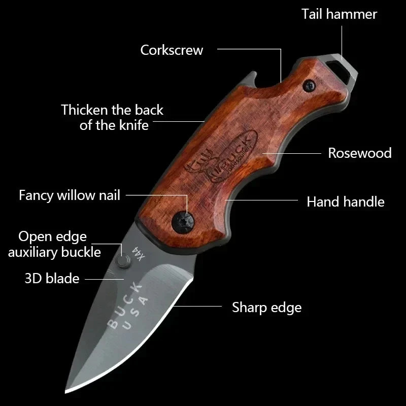 Stainless Steel Folding Pocket Knife – Wood Handle Mini EDC