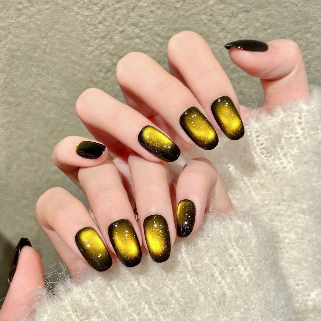 Amber Gradient Press On Nails | Glitter Cat's Eye Almond Set