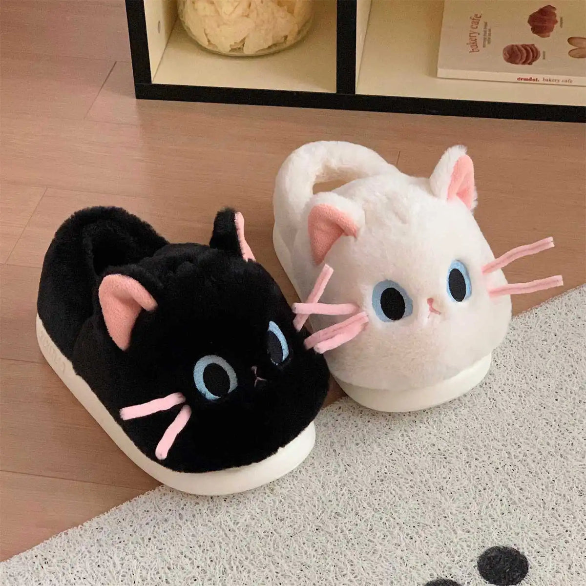 Women's Black Cat Fluffy Plush Slippers | Faux Fur Mules