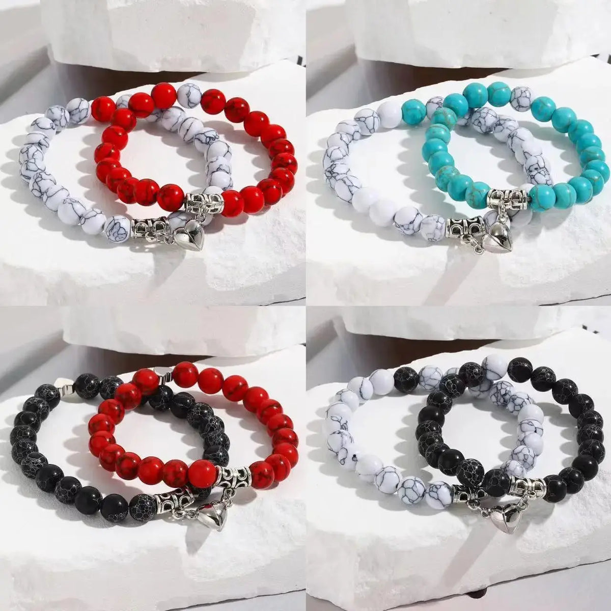 Natural Stone Bead Couple Bracelets Set – Heart Magnet, 2 Pcs