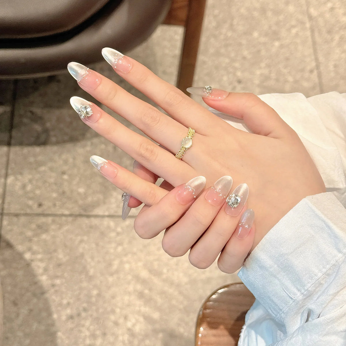 Handmade Press-On Nails Aurora Blue French Pearl Crystal Almond