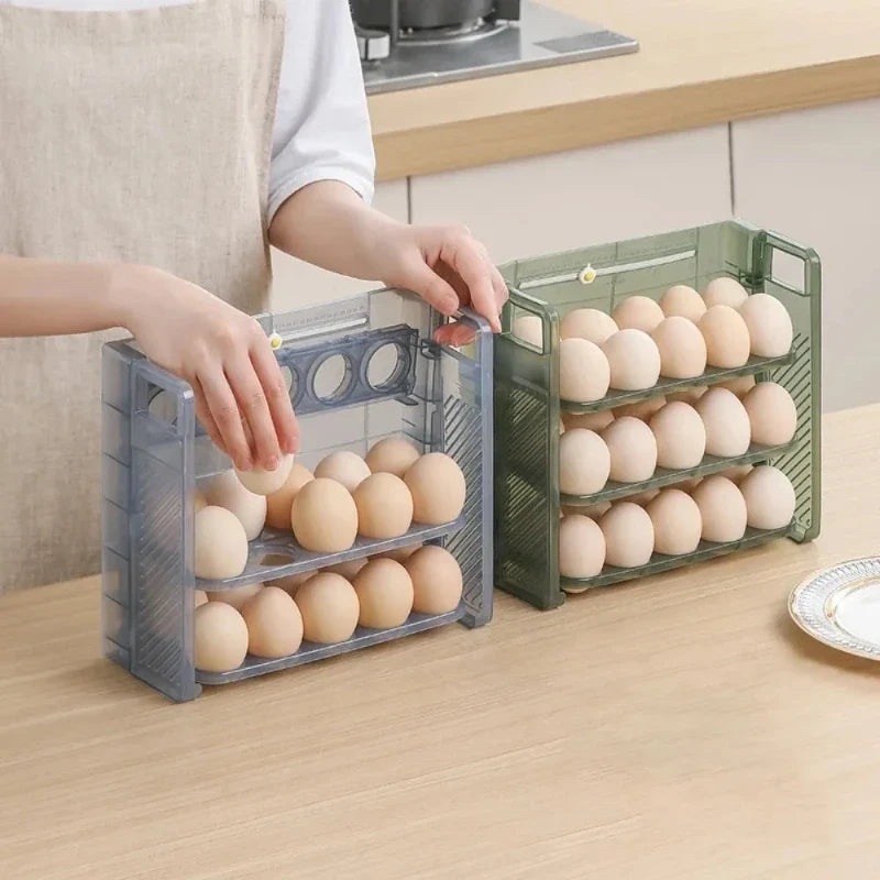 Foldable 30-Grid Egg Storage Rack | 3-Layer Fridge Organizer