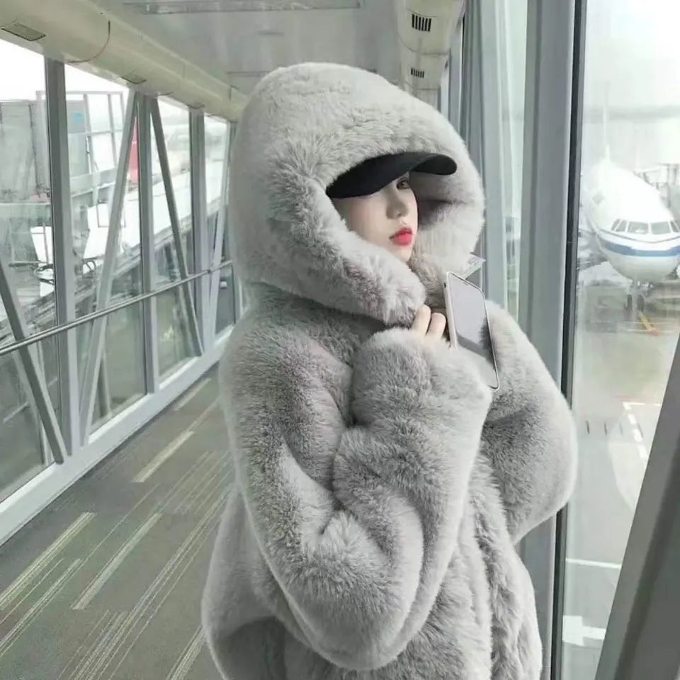 Women's Faux Mink Fur Hooded Coat – Plush Shaggy Jacket