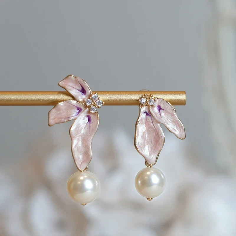 Huitan Pink Enamel Flower & Pearl Drop Earrings | Women