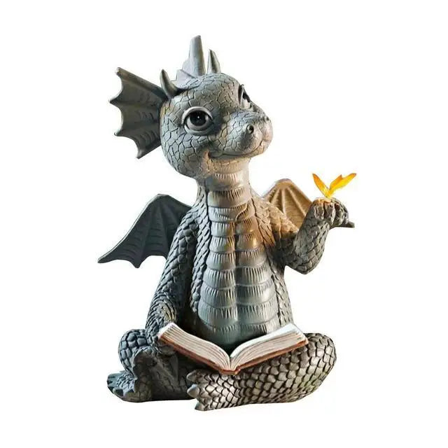 Cute Dragon Dinosaur Reading Book Resin Figurine Garden Decor