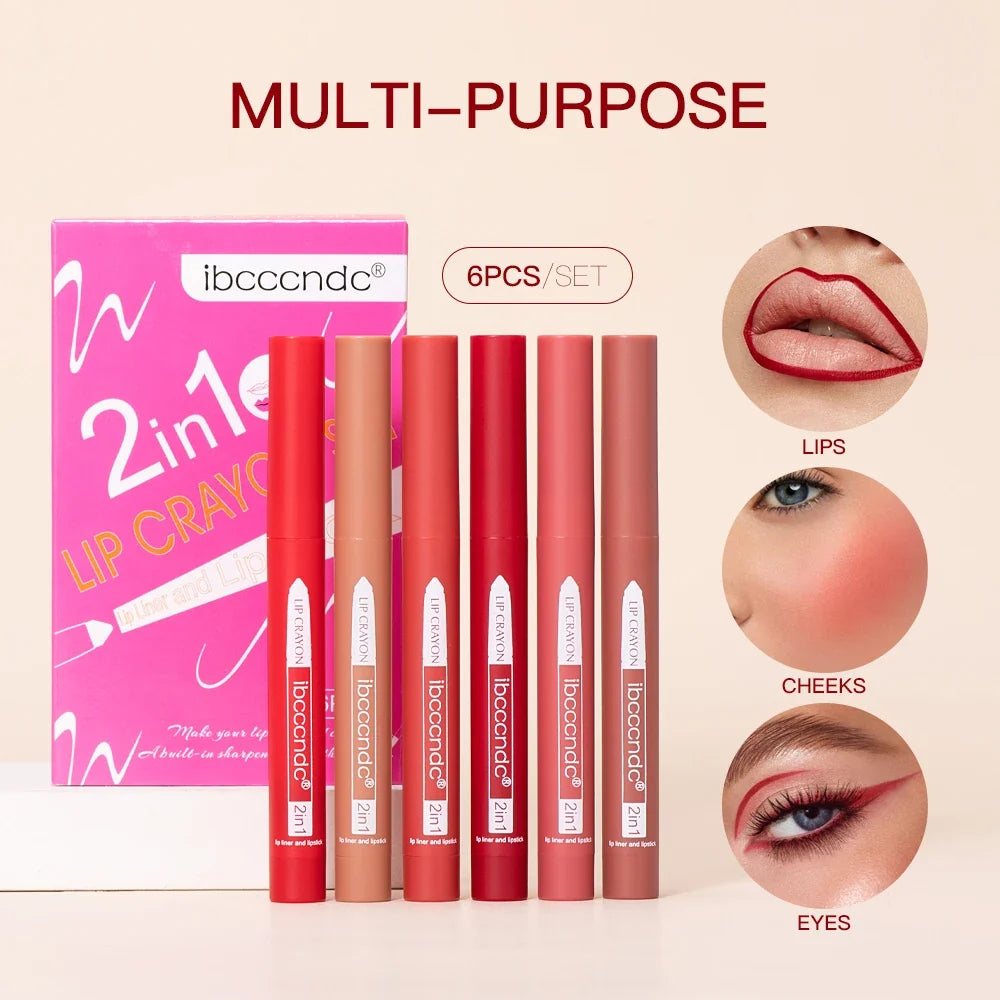 6-Color Matte Lip Crayon Set – 2-in-1 Lip Liner & Lipstick